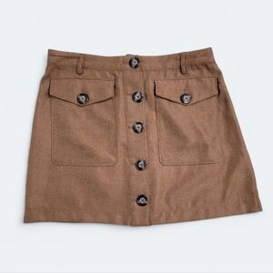 Lela Sky Brown Mini Skirt Front Buttons and Pockets Size M